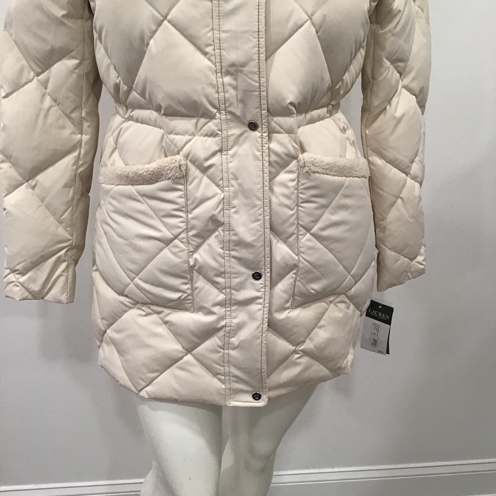 Lauren Ralph Lauren Quilted Puffer Coat Women Large Cream Good Hooded Parka New - Picture 4 of 16